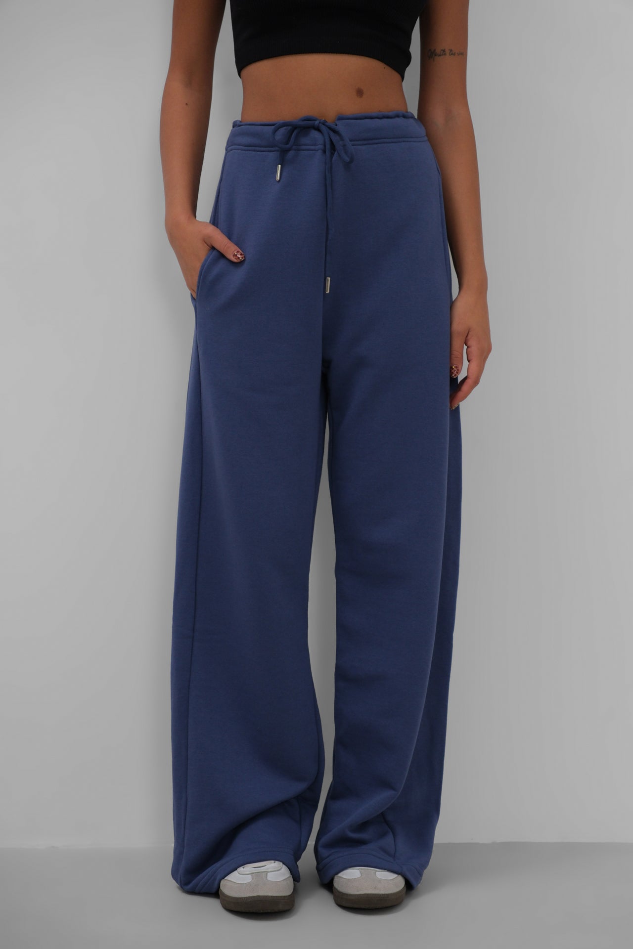 Stitch Detail Wide Leg Navy Blue Sweatpants 