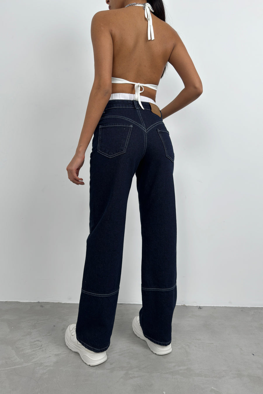 Oversize Navy Blue Jeans with Stitching Detail 