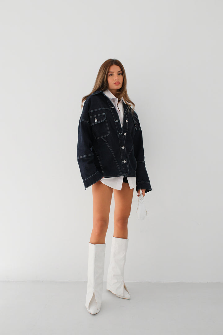 Oversize Navy Blue Denim Jacket with Stitching Detail 