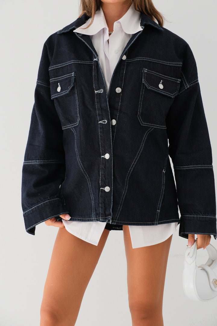 Oversize Navy Blue Denim Jacket with Stitching Detail 