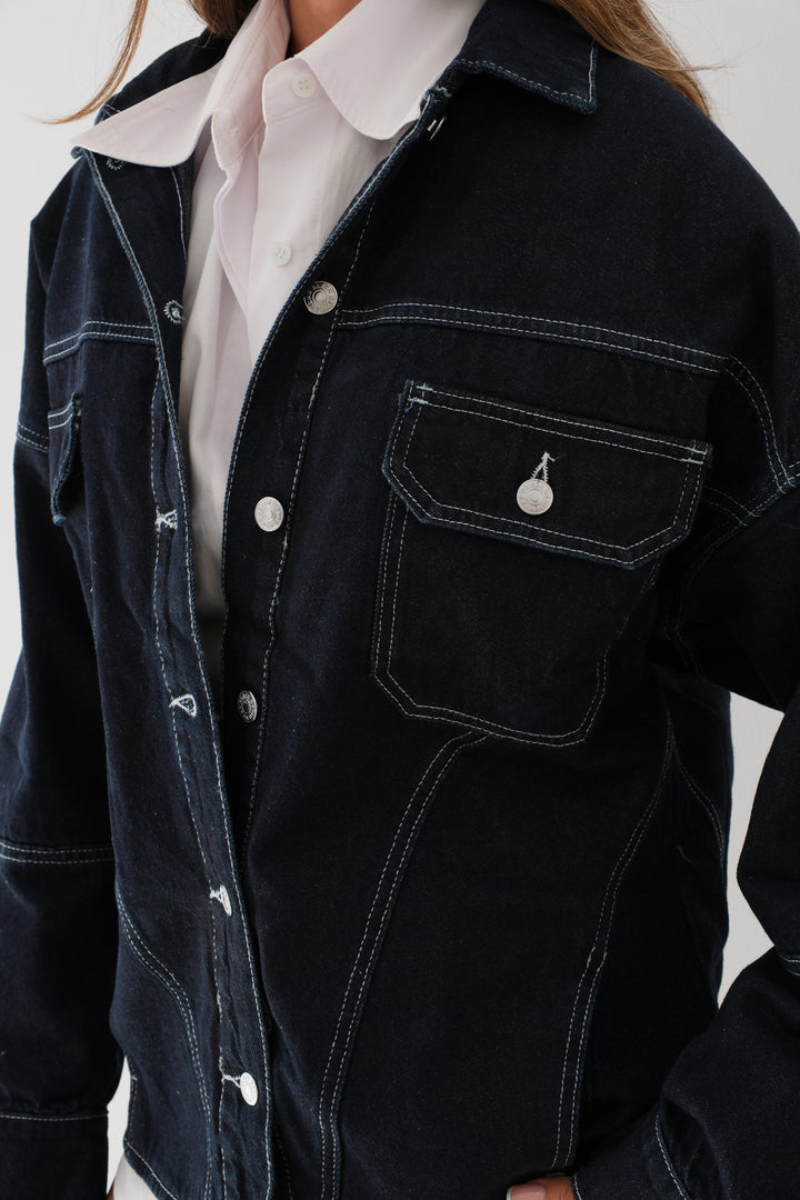 Oversize Navy Blue Denim Jacket with Stitching Detail 