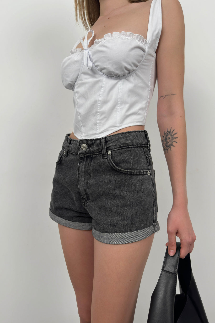 Double Leg Black Denim Shorts 