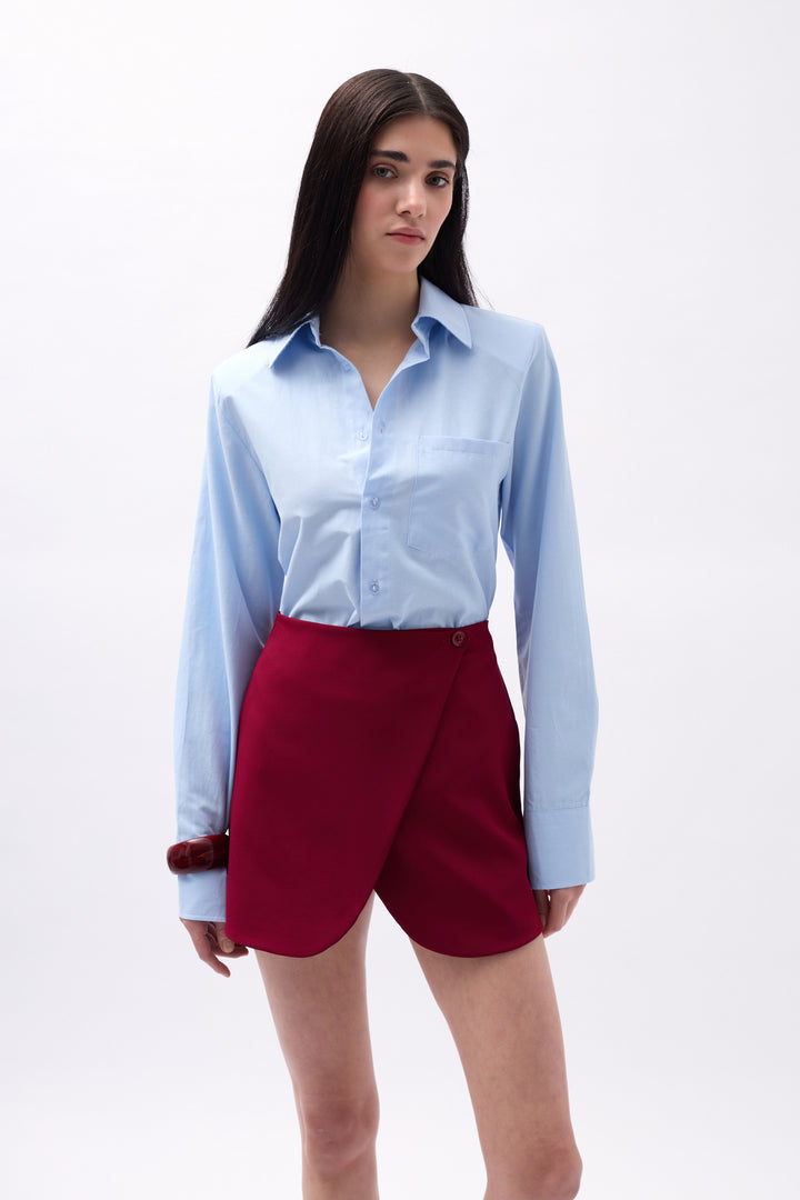 Button Detail Wrap Mini Claret Red Skirt 