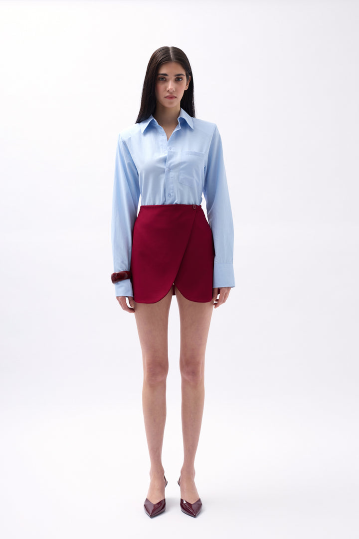 Button Detail Wrap Mini Claret Red Skirt 