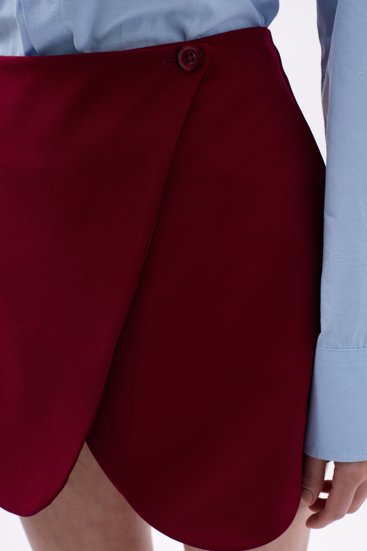 Button Detail Wrap Mini Claret Red Skirt 