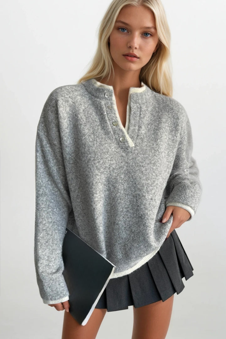 Düğme Detay Basic Gri Triko Kazak