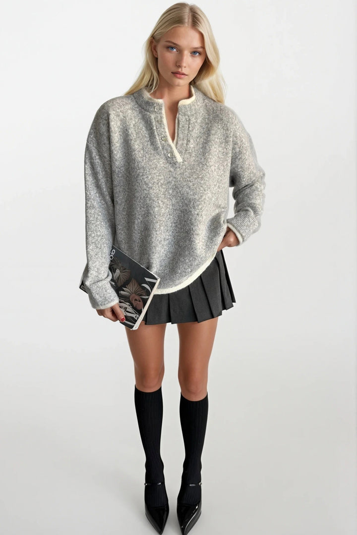 Düğme Detay Basic Gri Triko Kazak