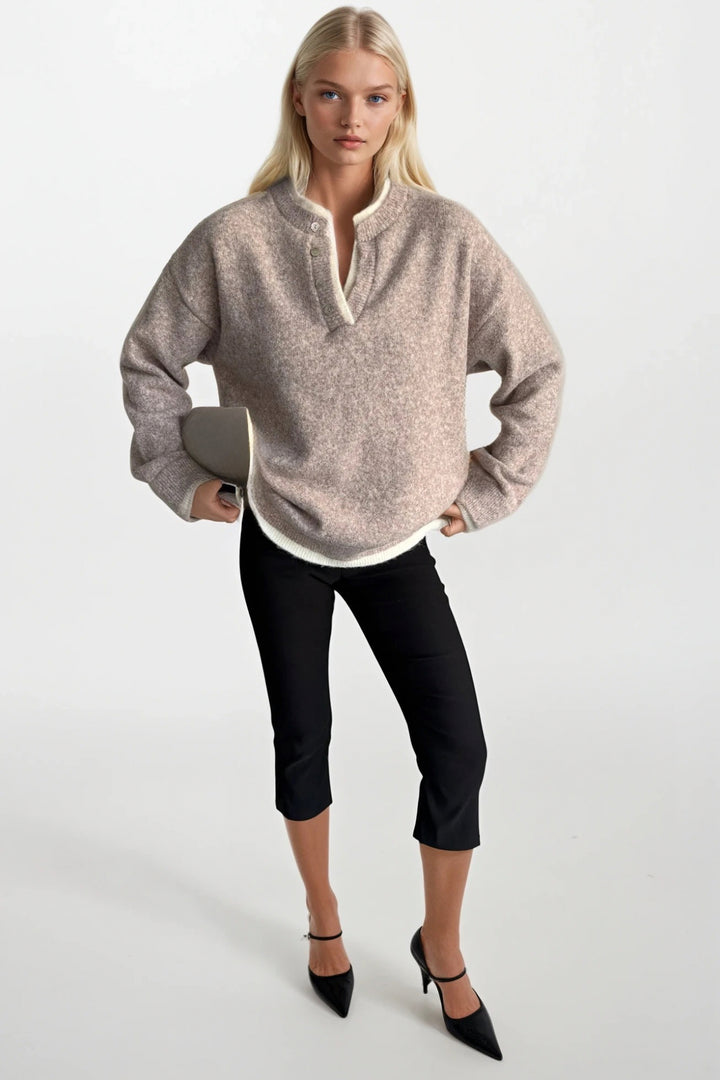 Düğme Detay Basic Bej Triko Kazak