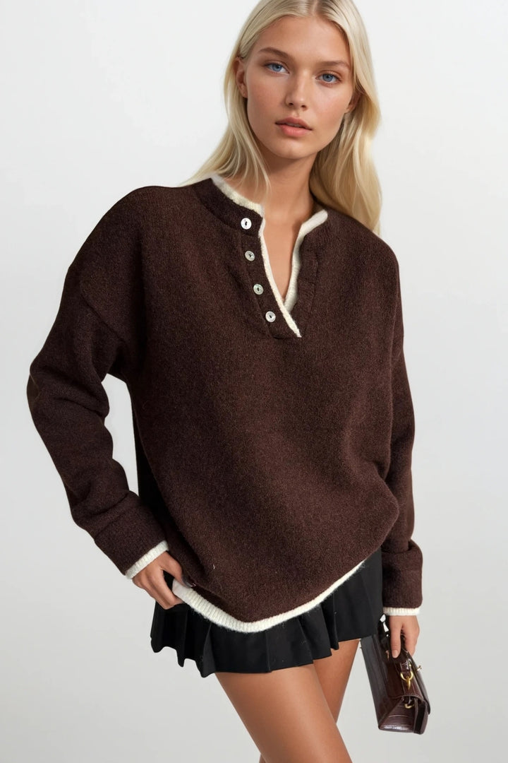 Düğme Detay Basic Kahverengi Triko Kazak