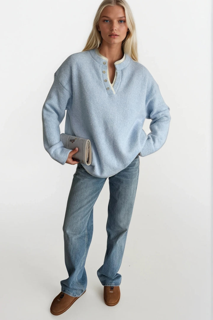 Düğme Detay Basic Mavi Triko Kazak