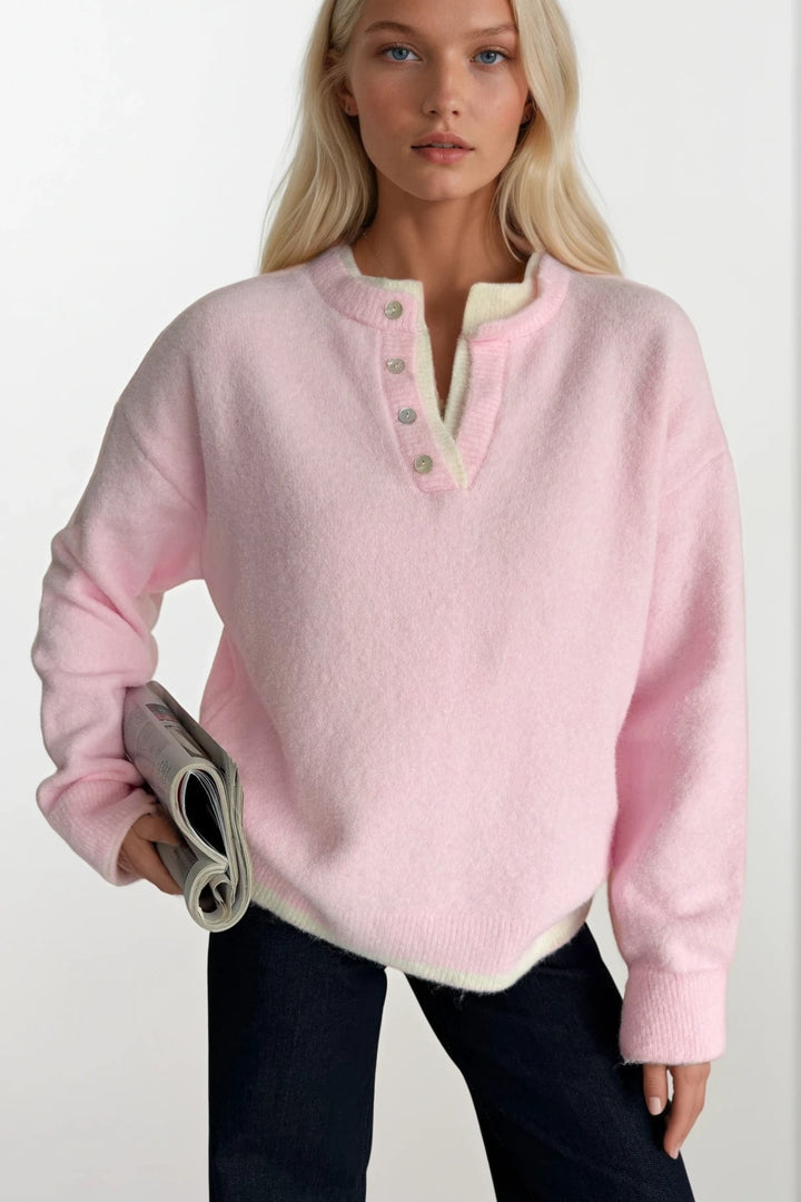 Düğme Detay Basic Pembe Triko Kazak