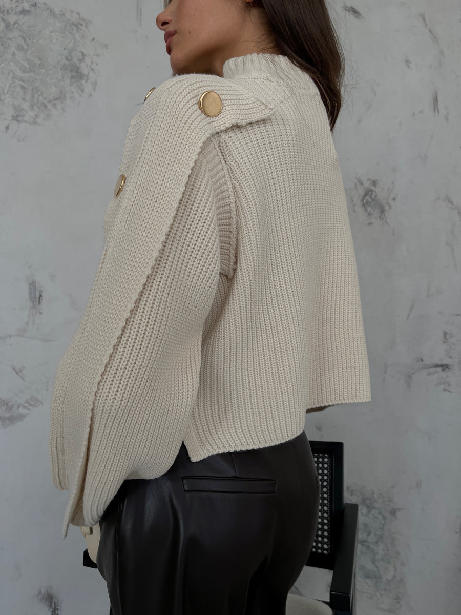 Button Detail Beige Oversize Sweater