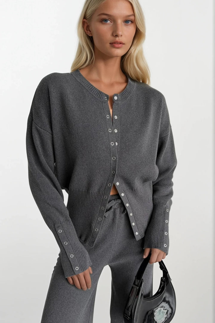 Düğme Detay Bel Oturtmalı Antrasit Triko Bluz Pantolon İkili Takım