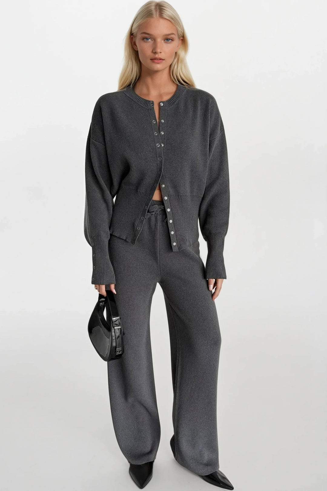 Düğme Detay Bel Oturtmalı Antrasit Triko Bluz Pantolon İkili Takım