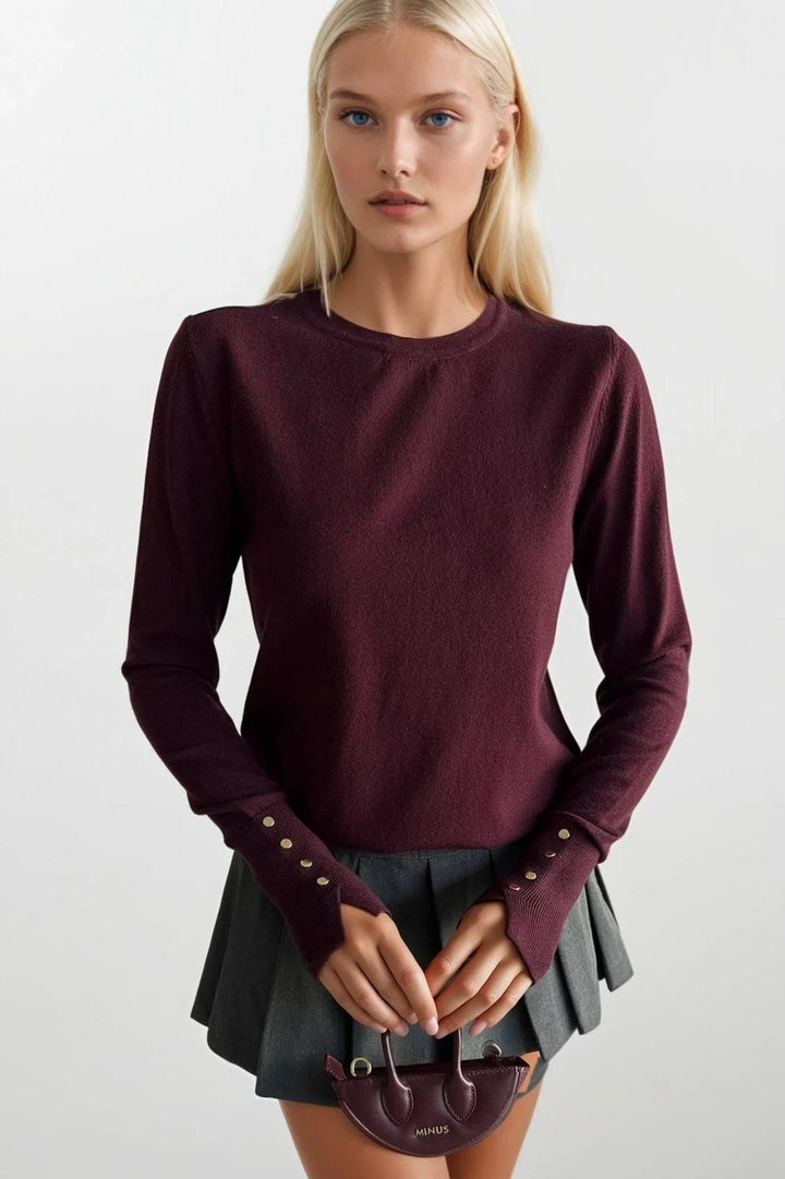 Düğme Detay Bisiklet Yaka Bordo Bluz