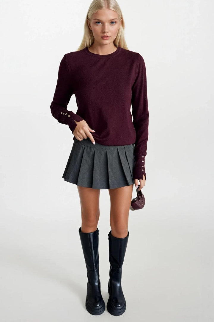 Düğme Detay Bisiklet Yaka Bordo Bluz