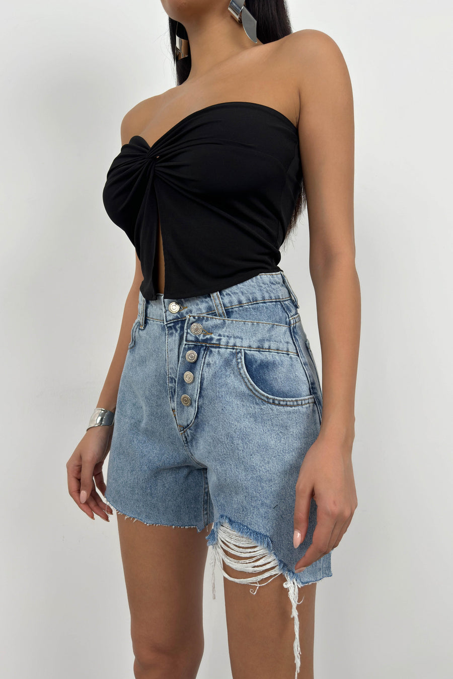 Button Detail Blue Denim Shorts 