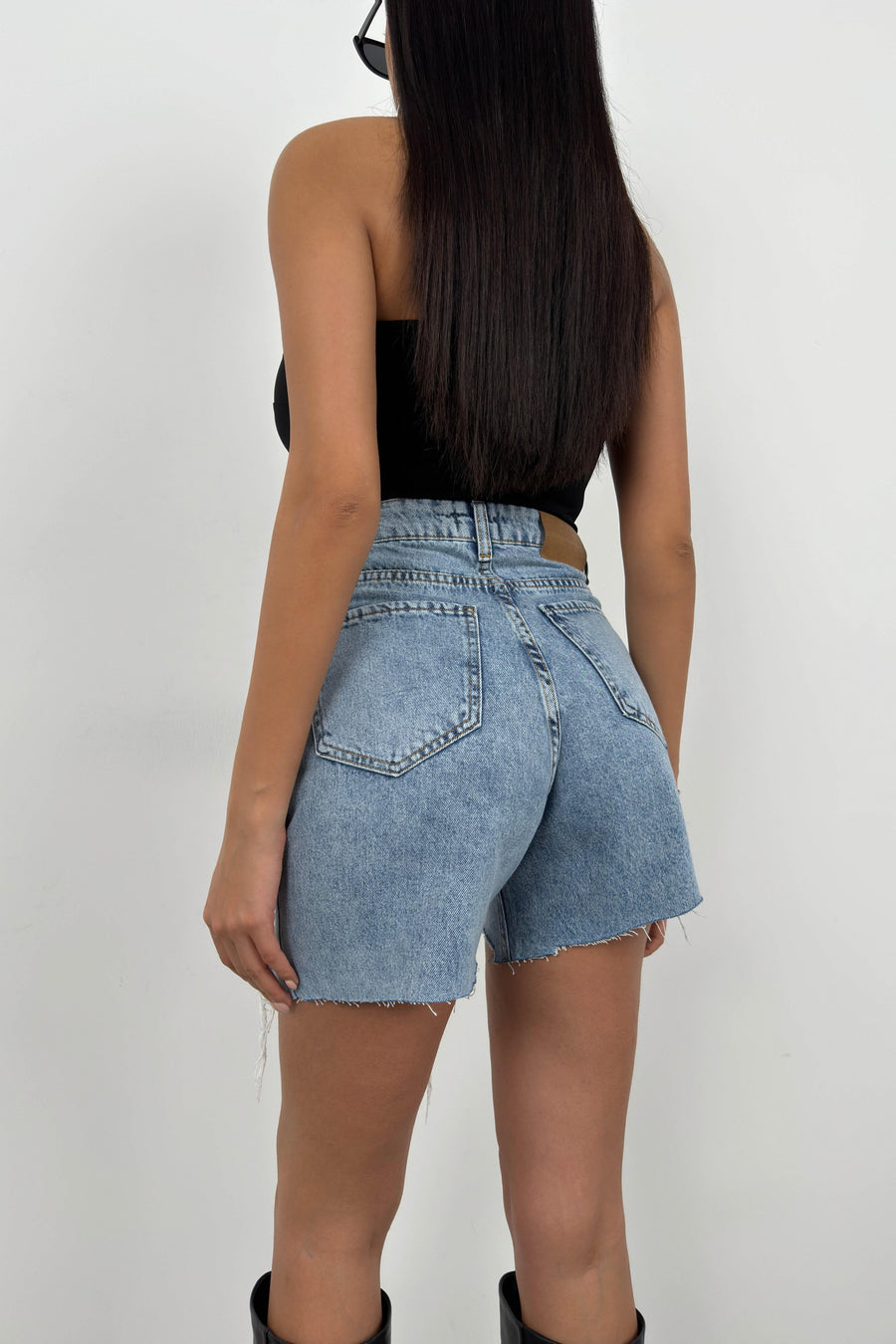 Button Detail Blue Denim Shorts 