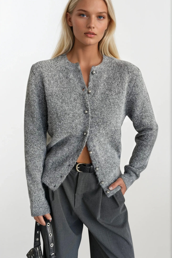 Düğme Detay Gri Dokulu Triko Hırka