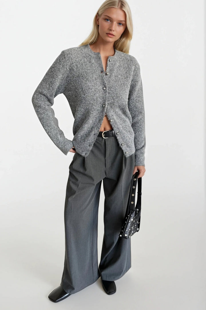 Düğme Detay Gri Dokulu Triko Hırka