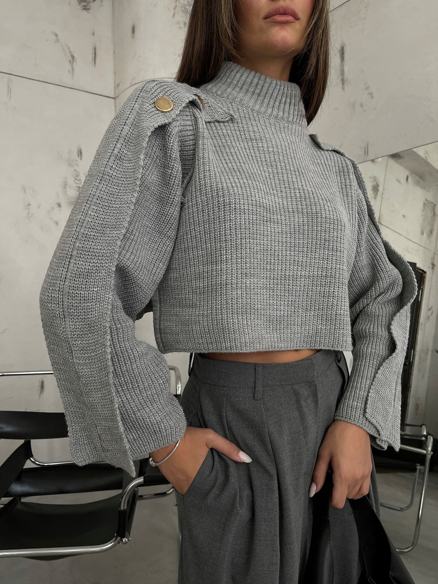 Button Detail Grey Oversize Sweater