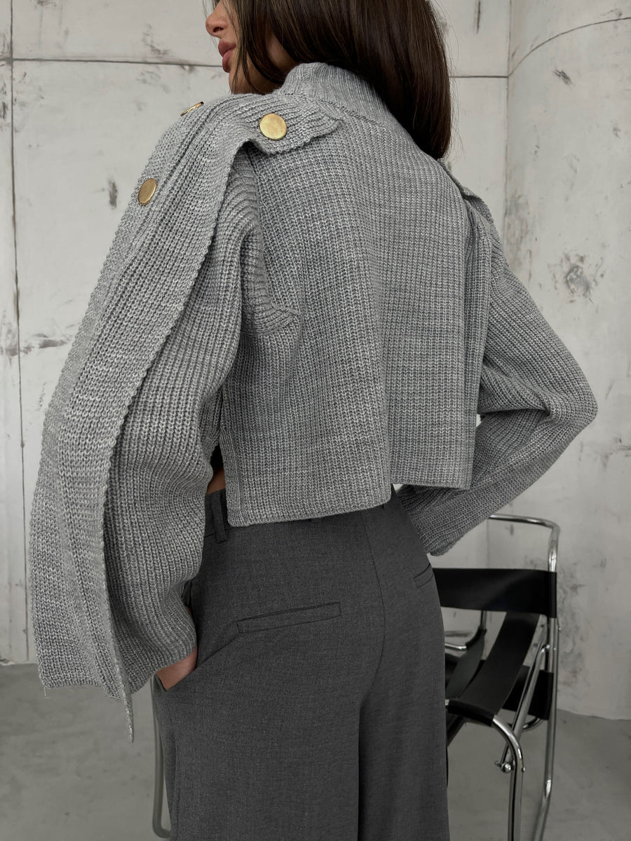 Button Detail Grey Oversize Sweater