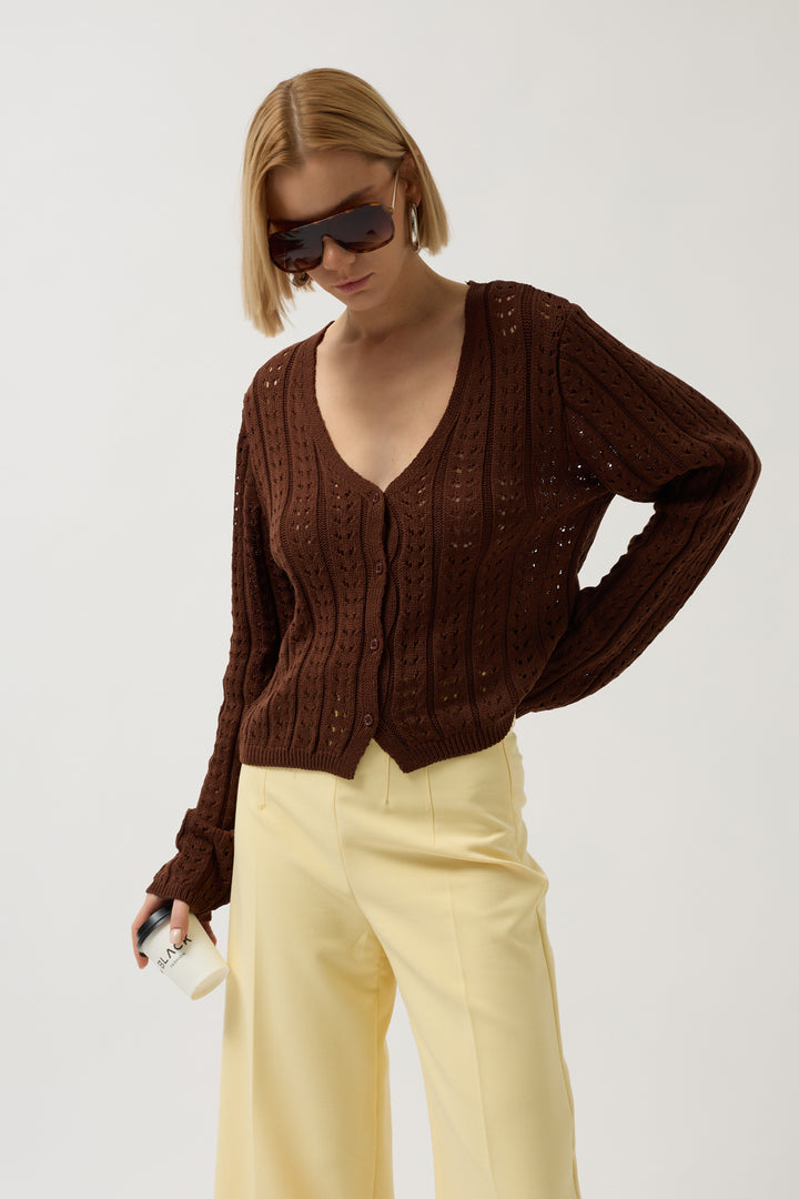 Düğme Detay Örgü Kahverengi Bluz