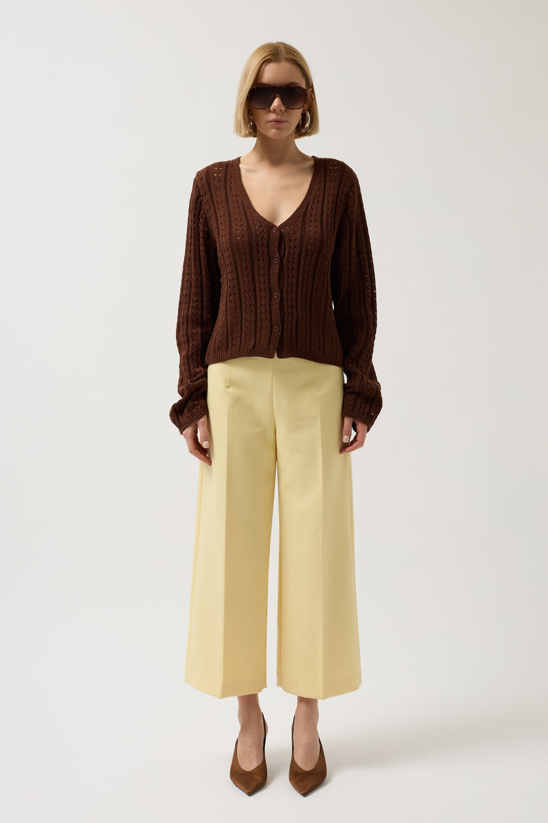 Düğme Detay Örgü Kahverengi Bluz