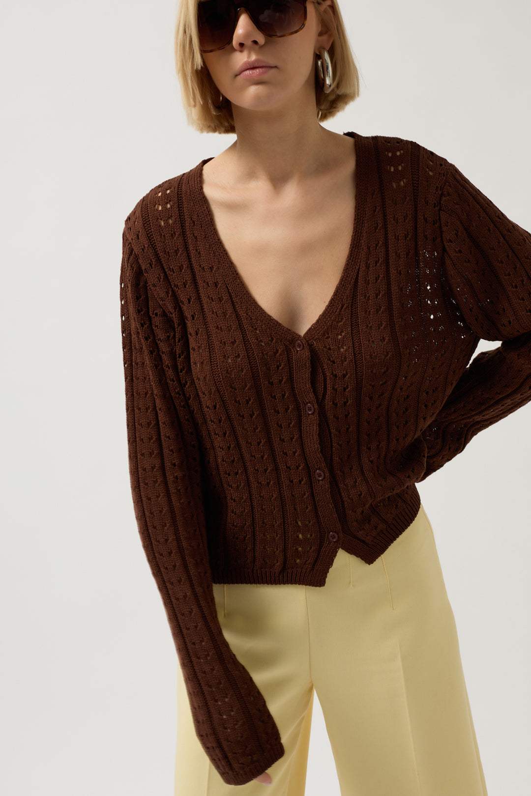 Düğme Detay Örgü Kahverengi Bluz