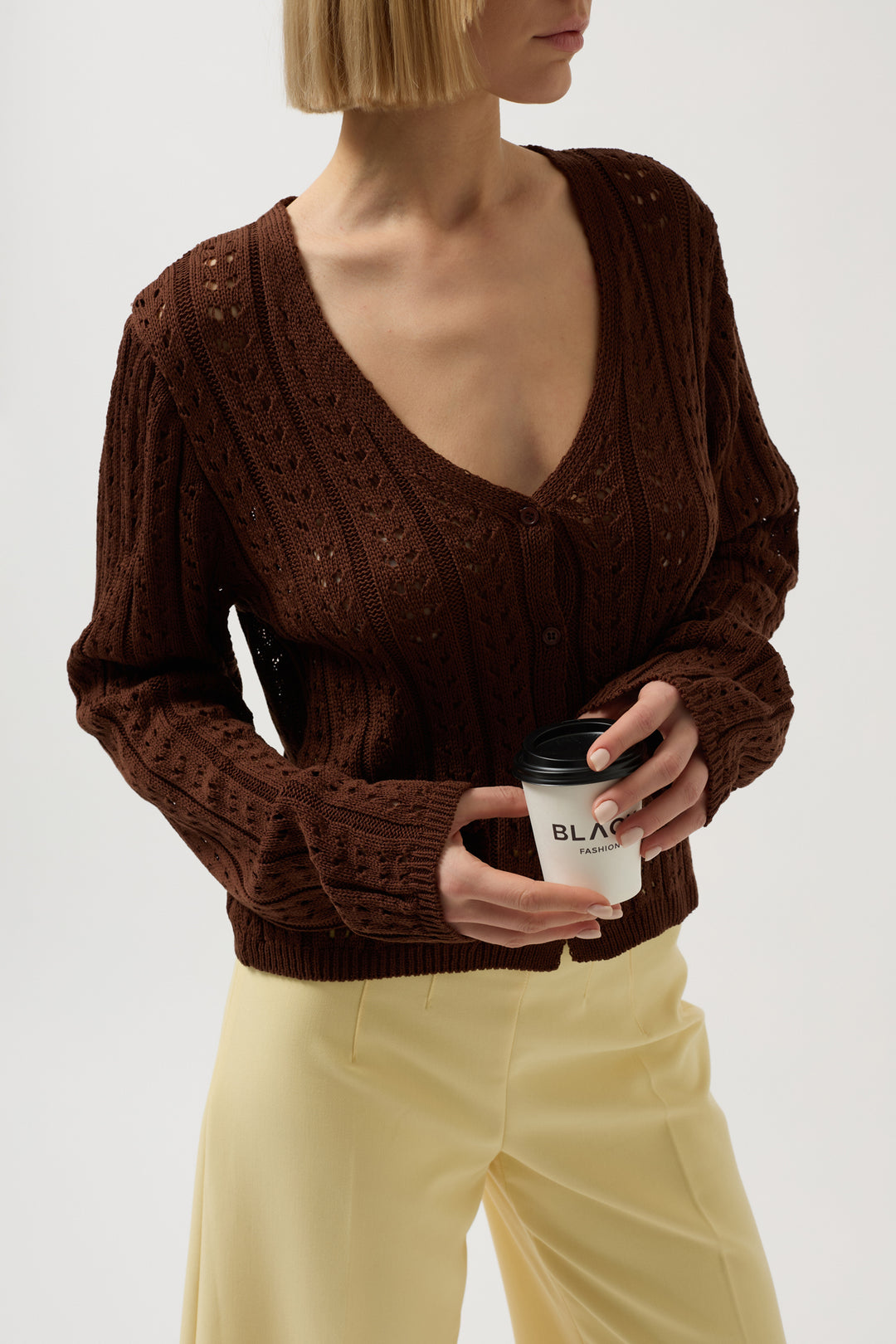 Düğme Detay Örgü Kahverengi Bluz