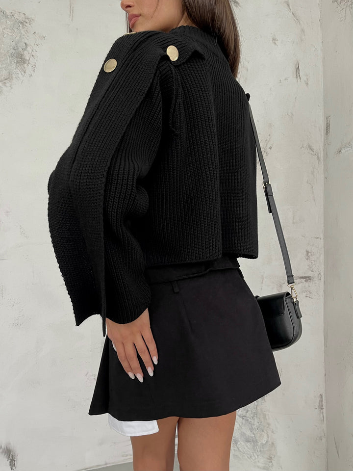 Düğme Detay Siyah Oversize Kazak