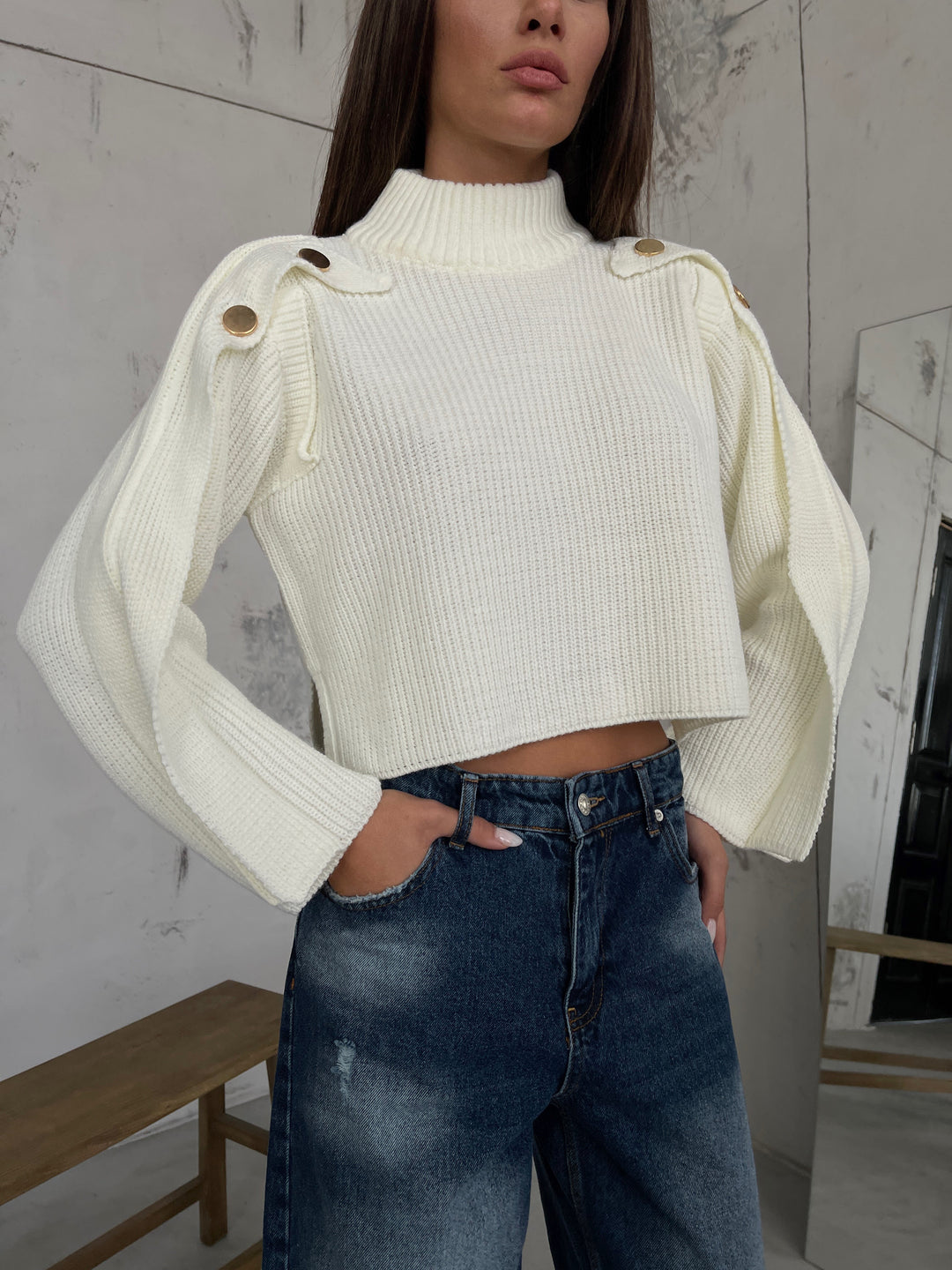 Düğme Detay Ekru Oversize Kazak