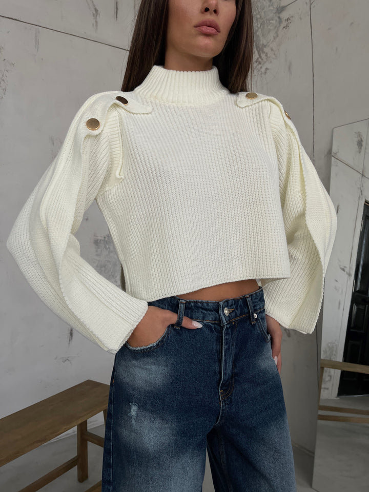 Düğme Detay Ekru Oversize Kazak