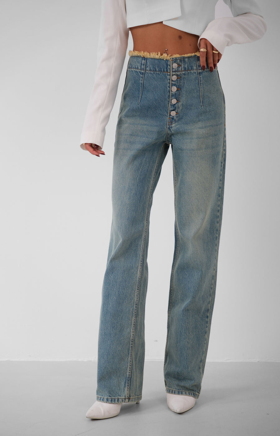 Button Detail Darted Blue Jeans 