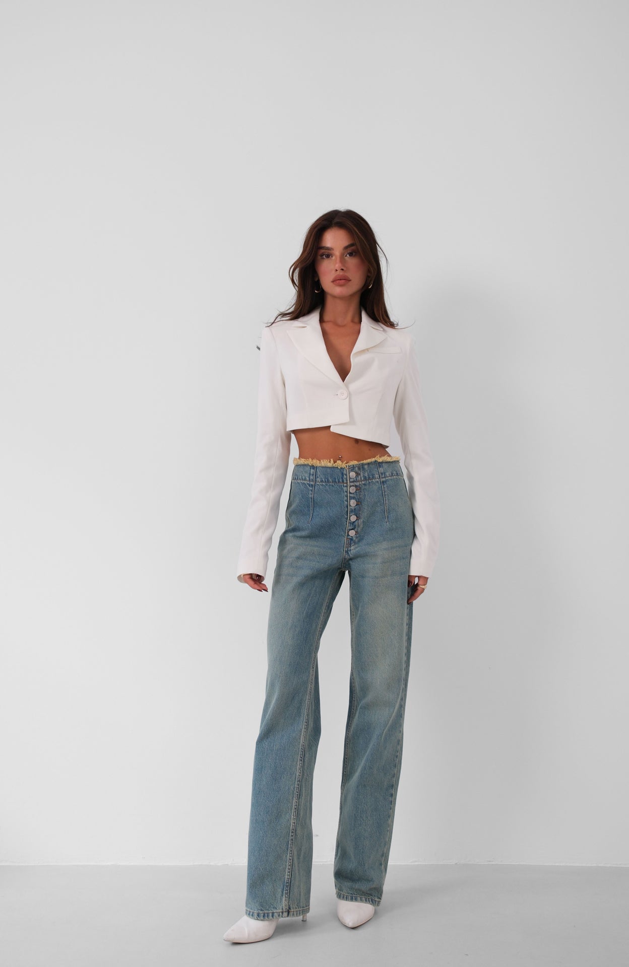 Button Detail Darted Light Blue Jeans 