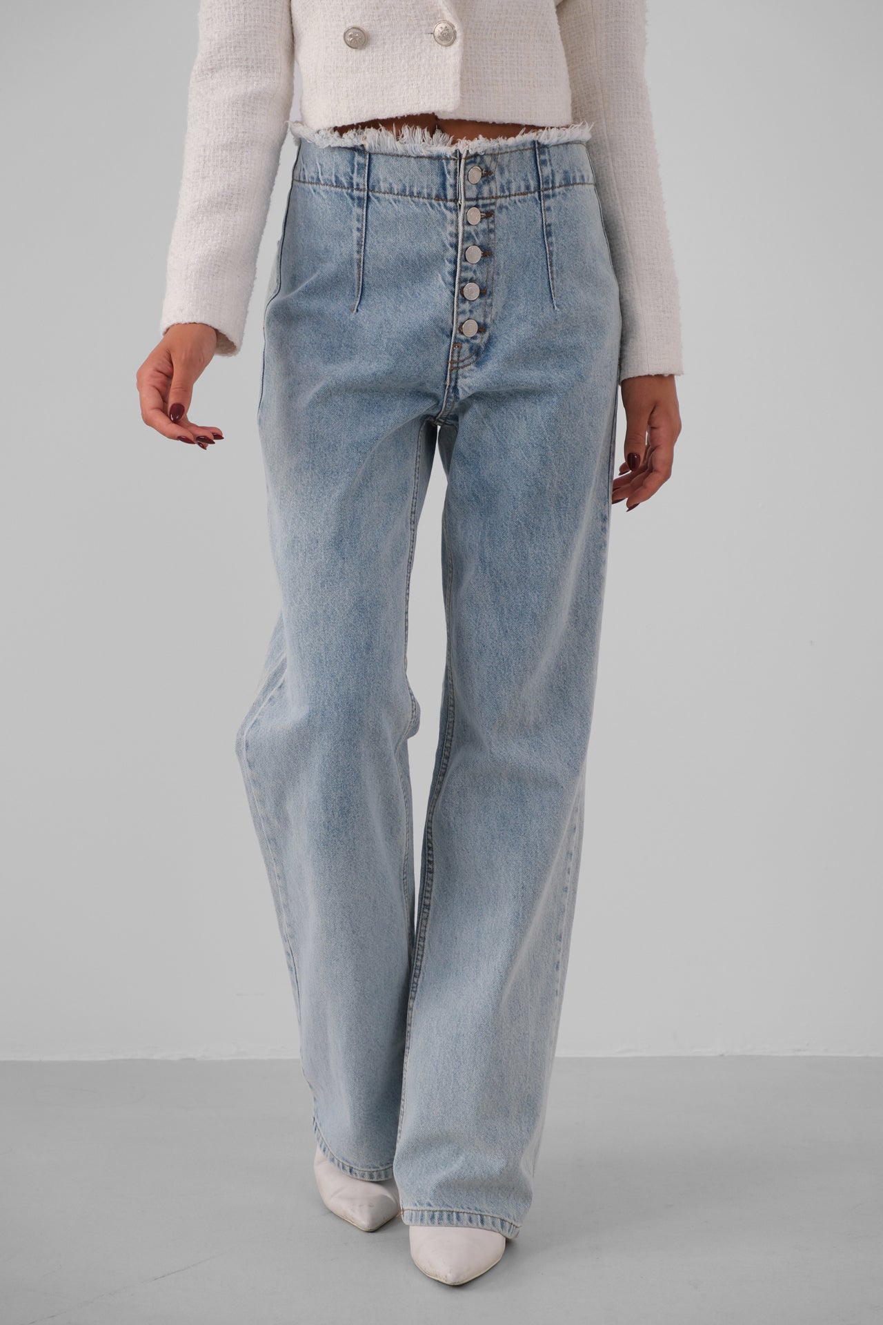 Button Detail Darted Light Blue Jeans 