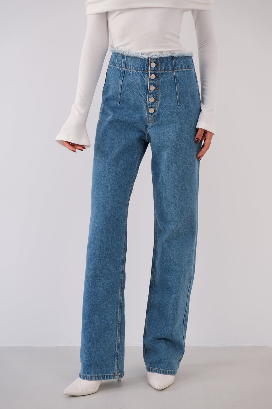 Button Detail Darted Dark Blue Jeans 