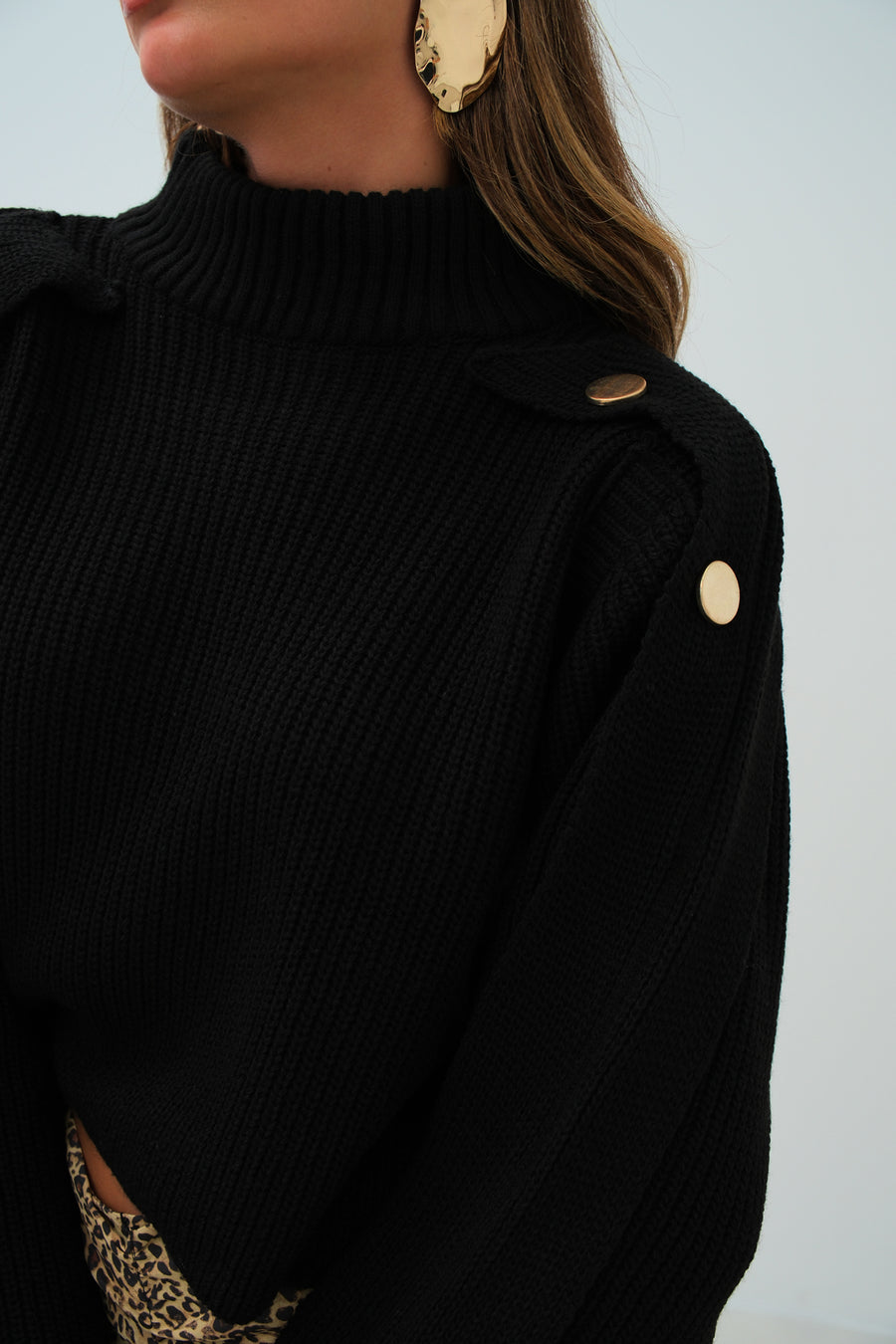 Button Detail Black Oversize Sweater