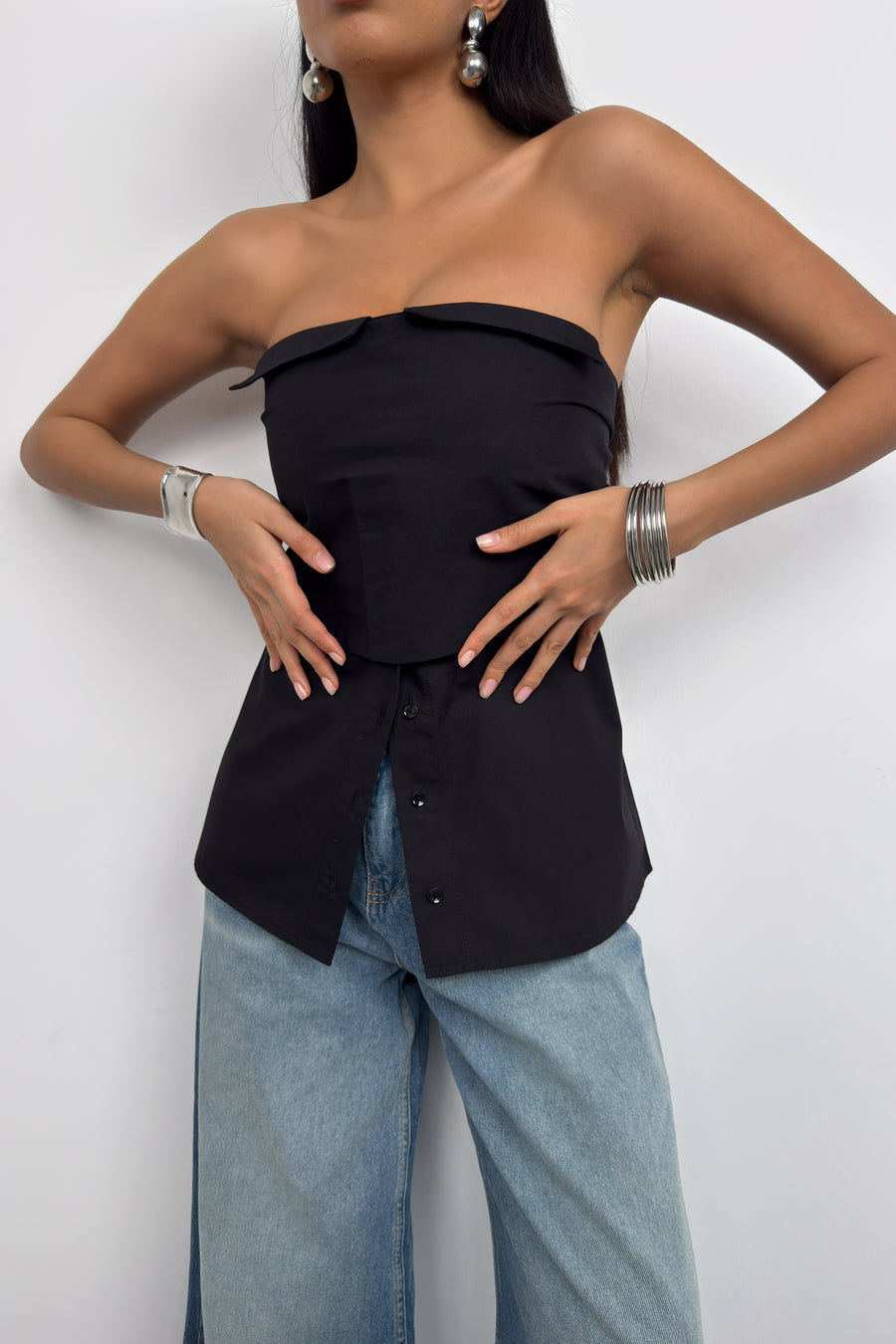 Button Detail Black Strapless Blouse 