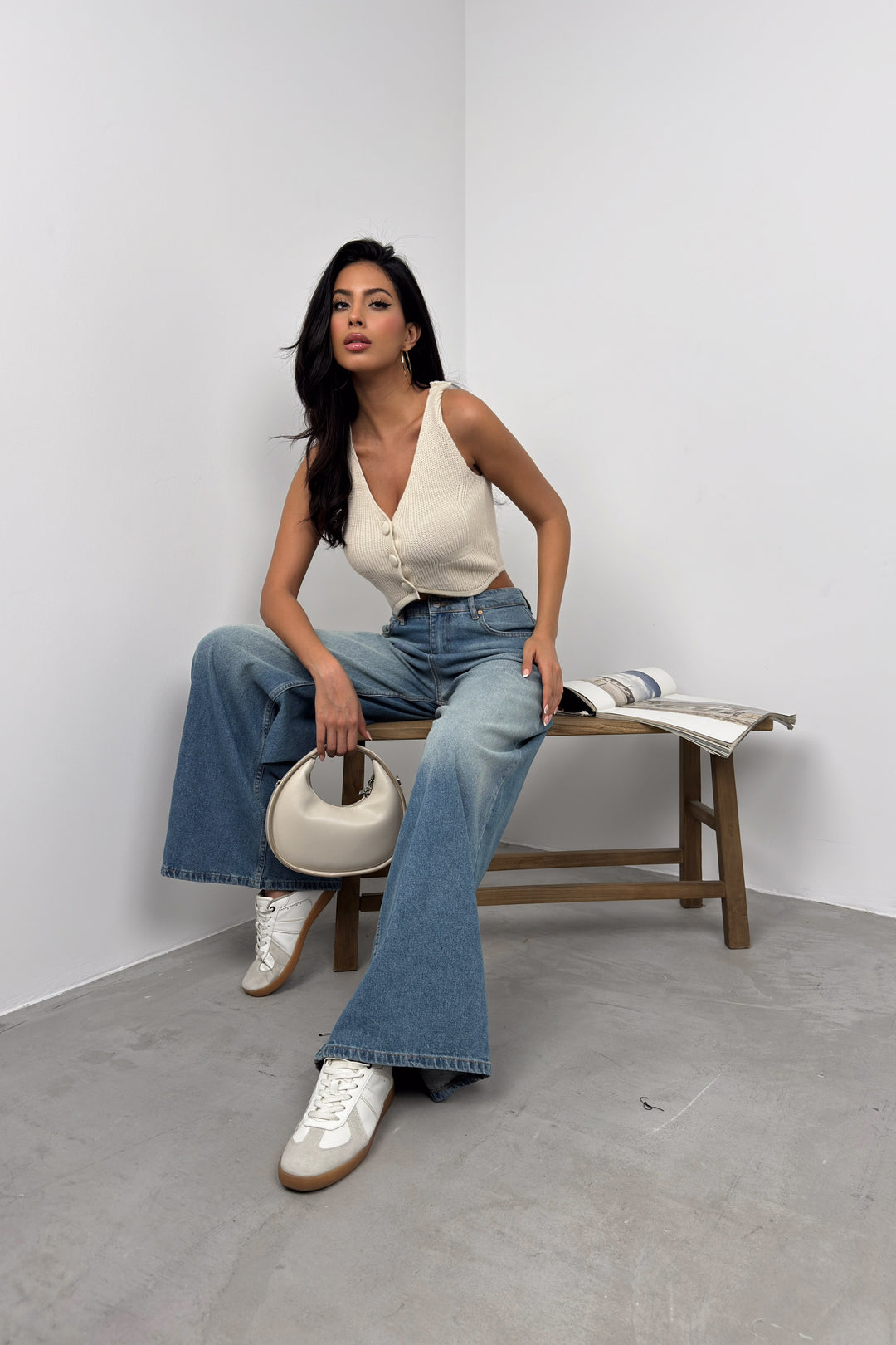 Button Detail Beige Knit Vest 