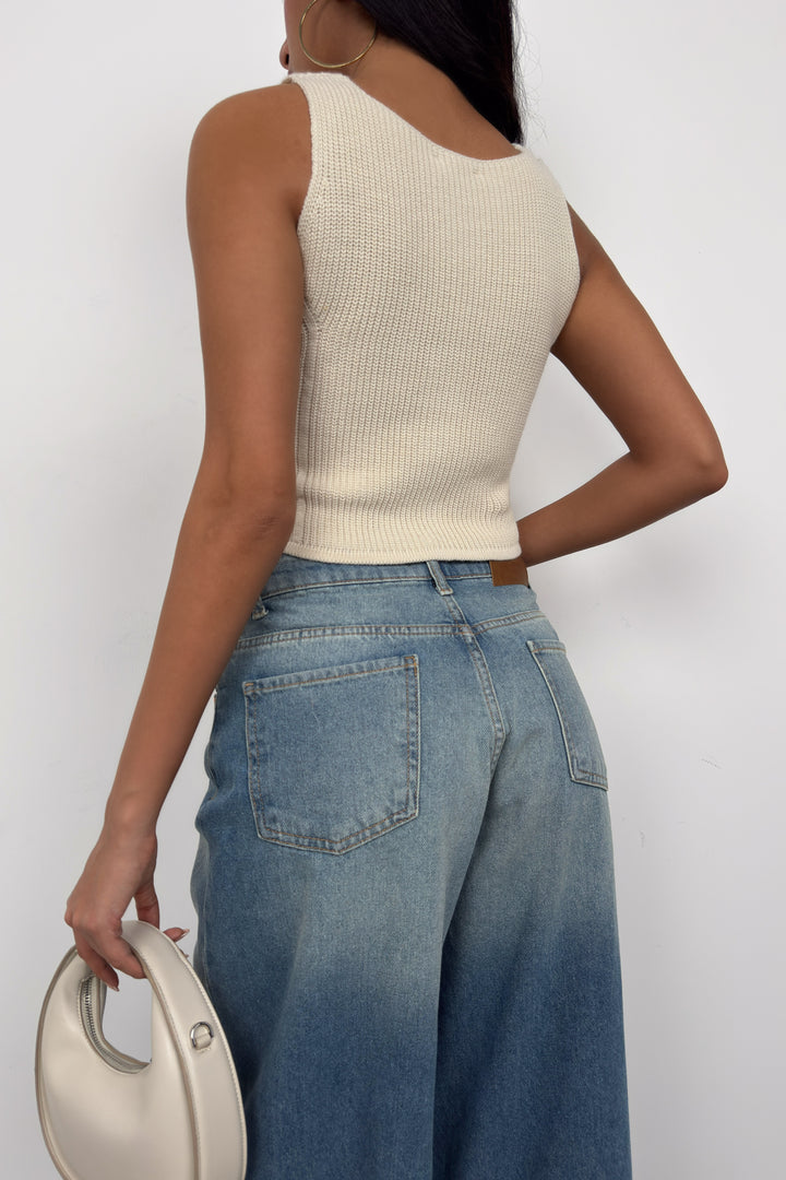 Button Detail Beige Knit Vest 