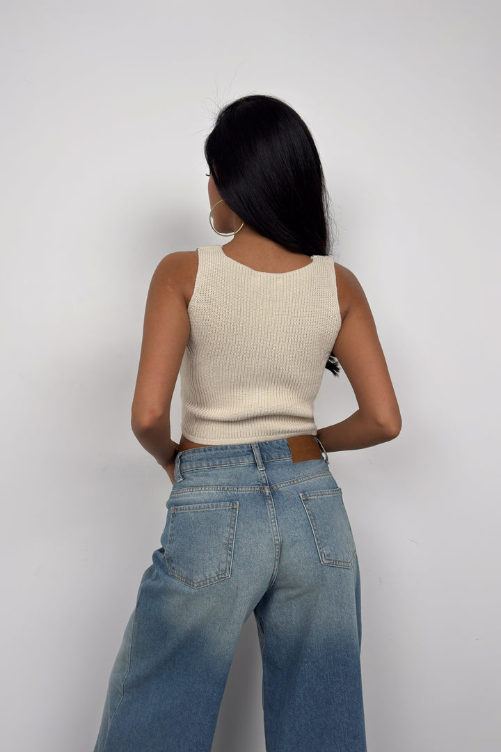 Button Detail Beige Knit Vest 