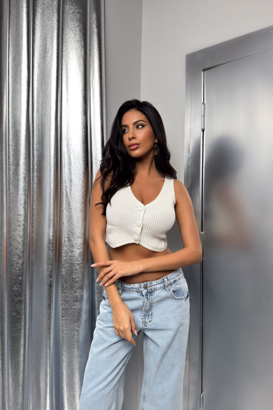 Button Detail Ecru Knit Vest 