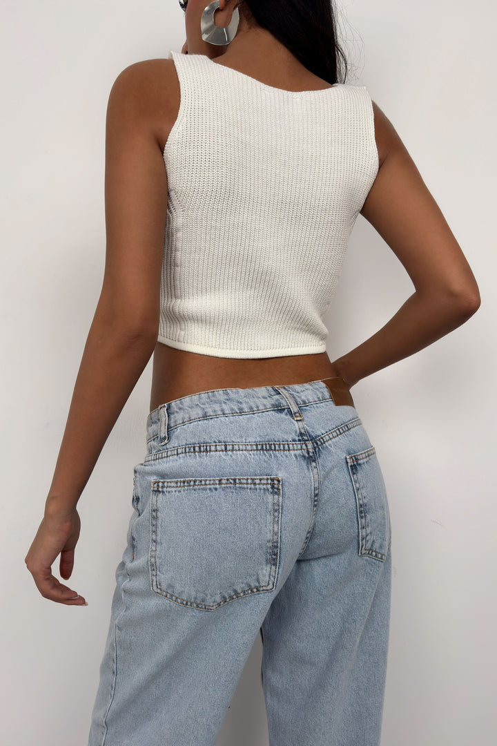 Button Detail Ecru Knit Vest 