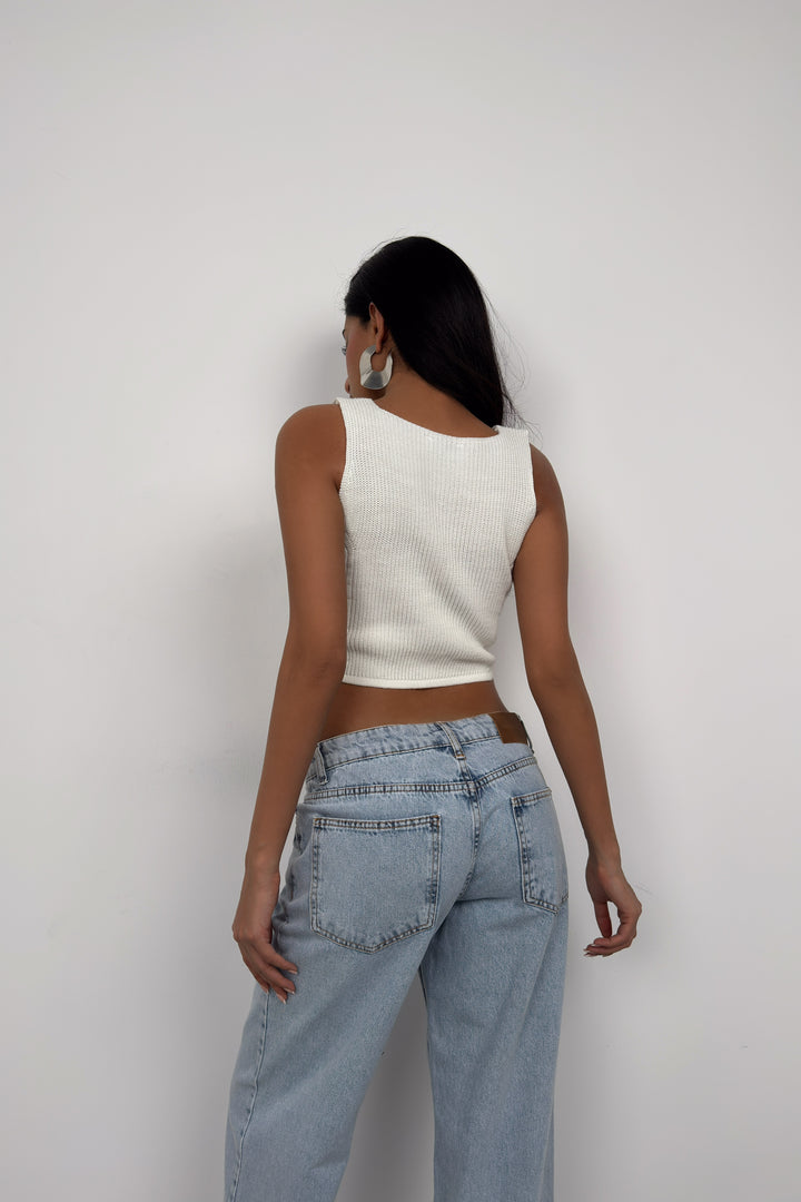 Button Detail Ecru Knit Vest 