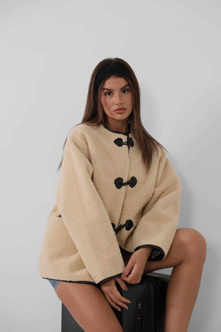 Button Detailed Pocket Plush Ecru Coat