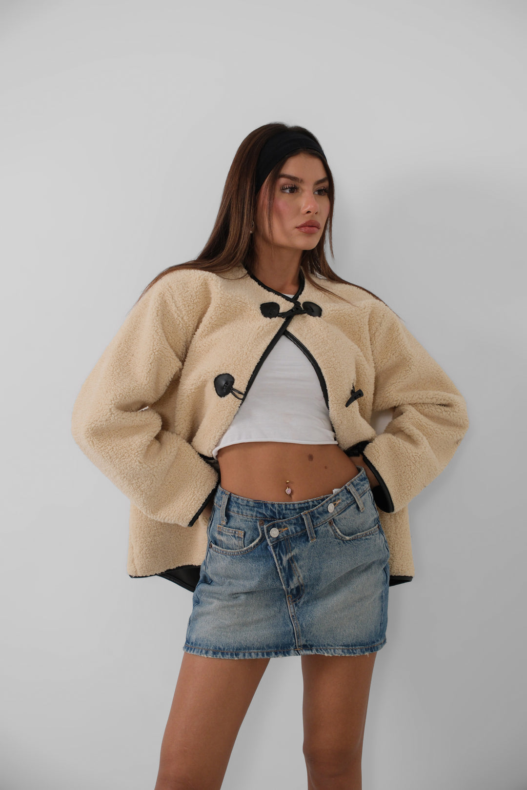 Button Detailed Pocket Plush Ecru Coat