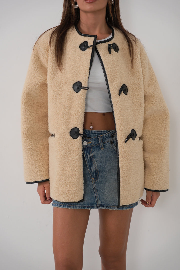 Button Detailed Pocket Plush Ecru Coat
