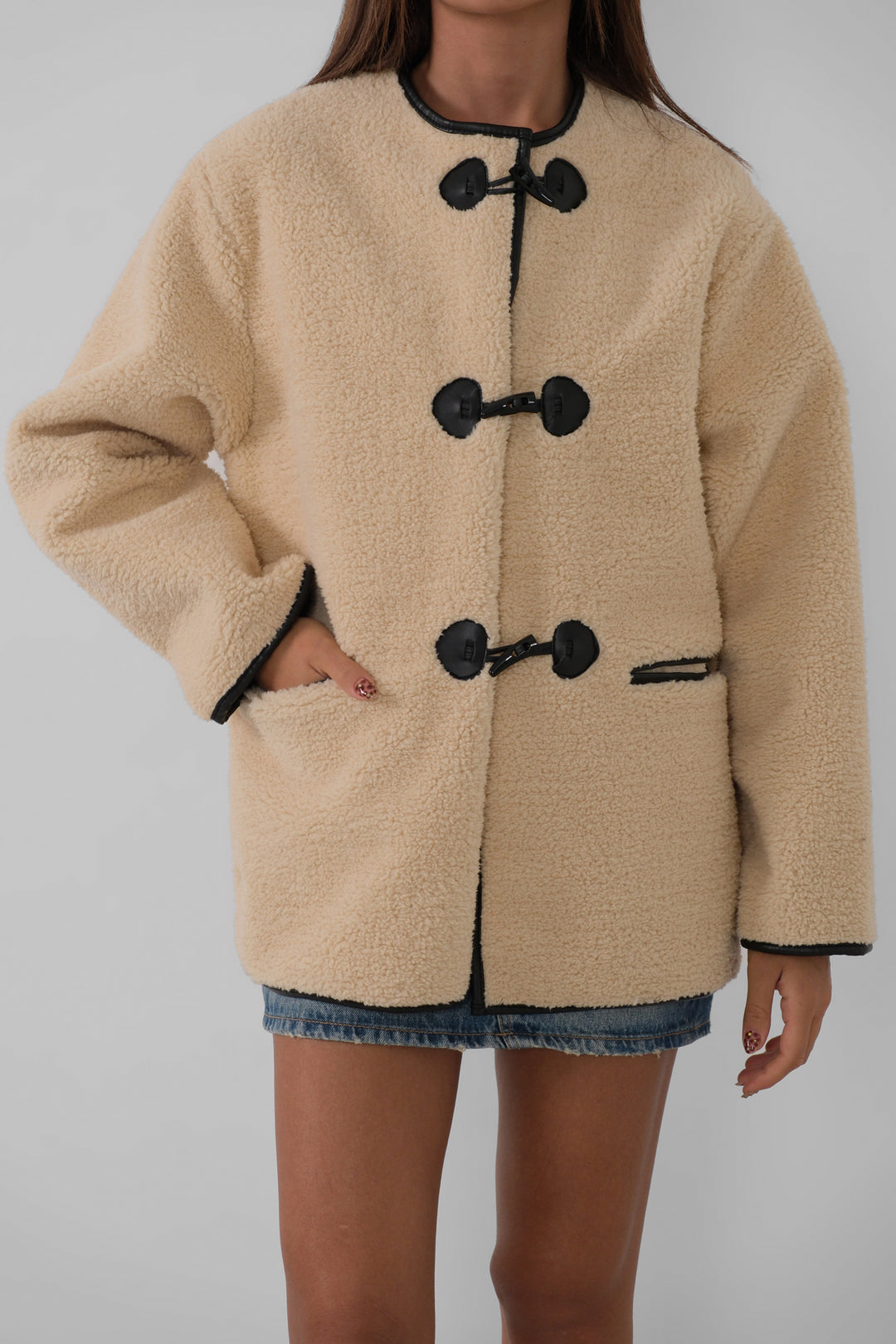 Button Detailed Pocket Plush Ecru Coat