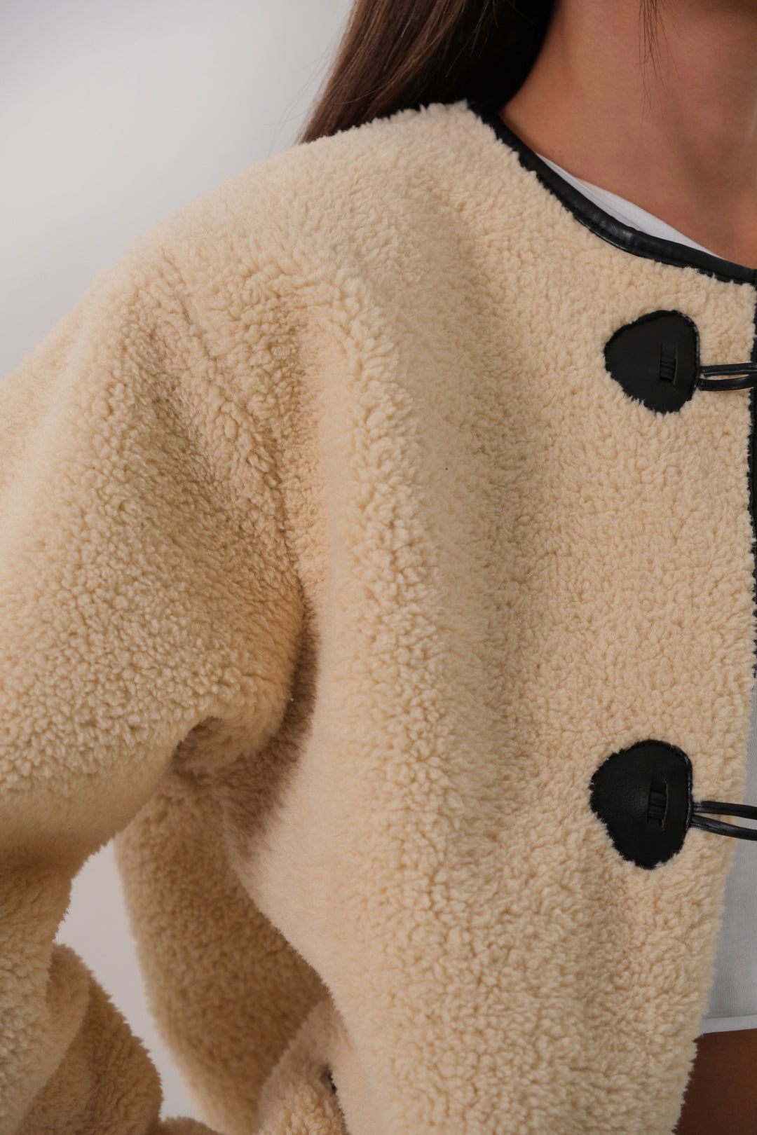 Button Detailed Pocket Plush Ecru Coat